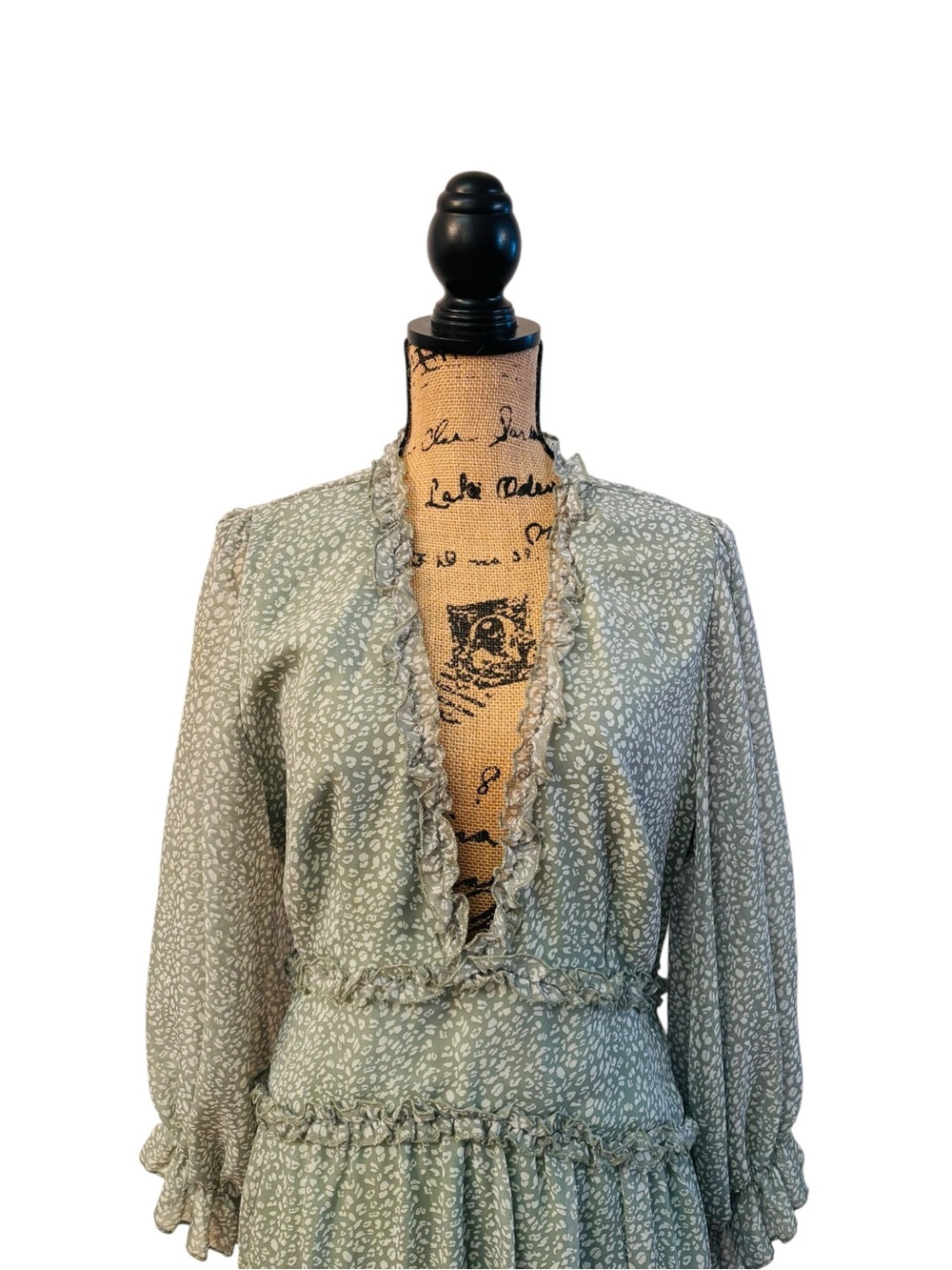Sage Green Tiered V-Neck Mini Dress XL 6 0587 - Picture 3 of 8